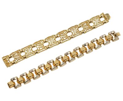 Coppia di bracciali in oro 750/1000, uno firmato Sforza, Genova