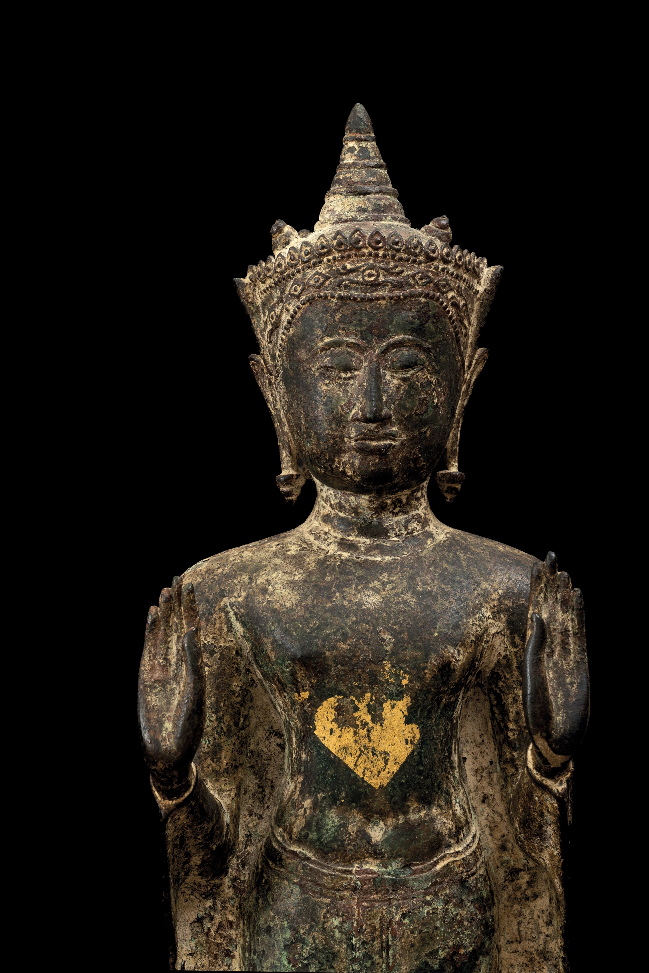 Figura di Buddha Stante in Bronzo con Tracce di Doratura, Thailandia, XIX Secolo, Periodo Ayuttha...
