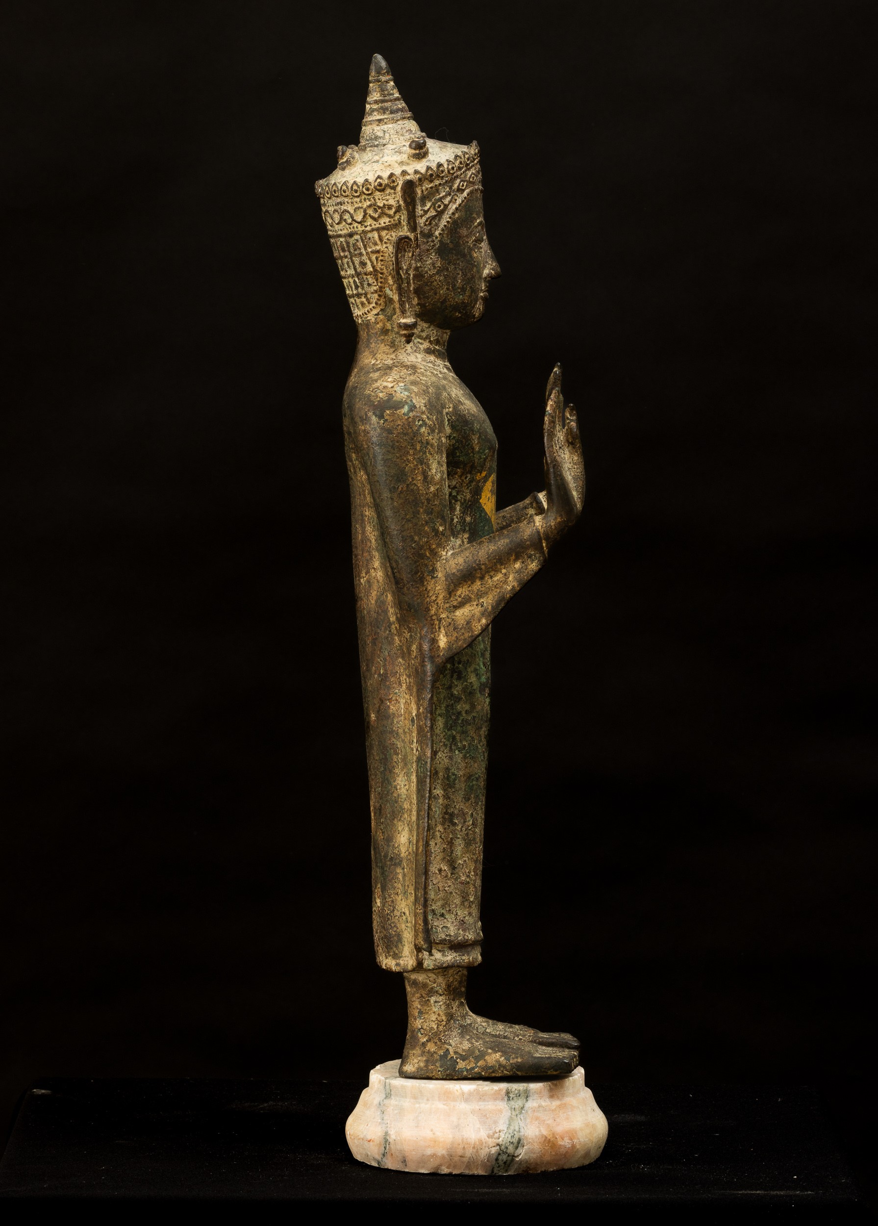 Figura di Buddha Stante in Bronzo con Tracce di Doratura, Thailandia, XIX Secolo, Periodo Ayuttha...