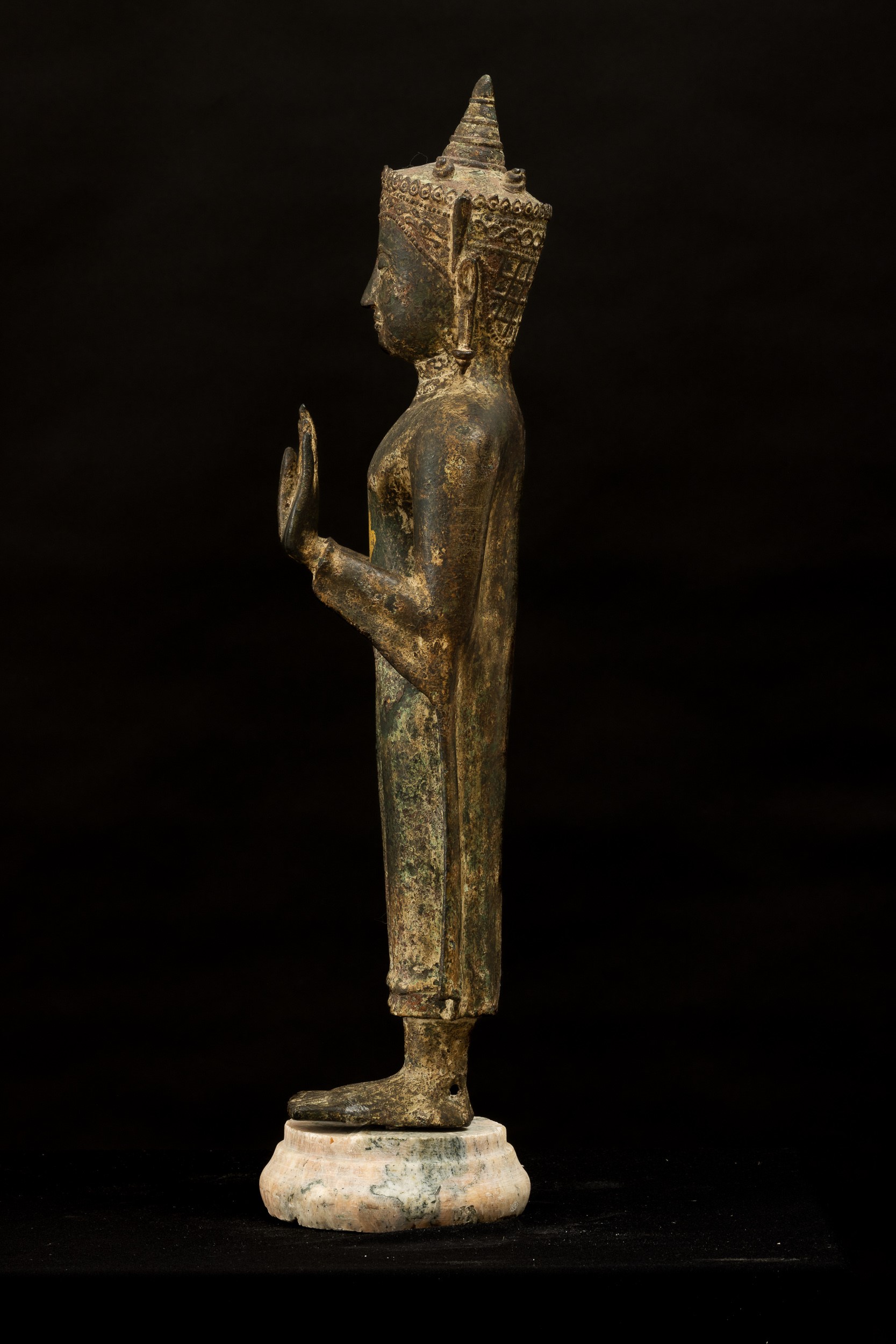 Figura di Buddha Stante in Bronzo con Tracce di Doratura, Thailandia, XIX Secolo, Periodo Ayuttha...