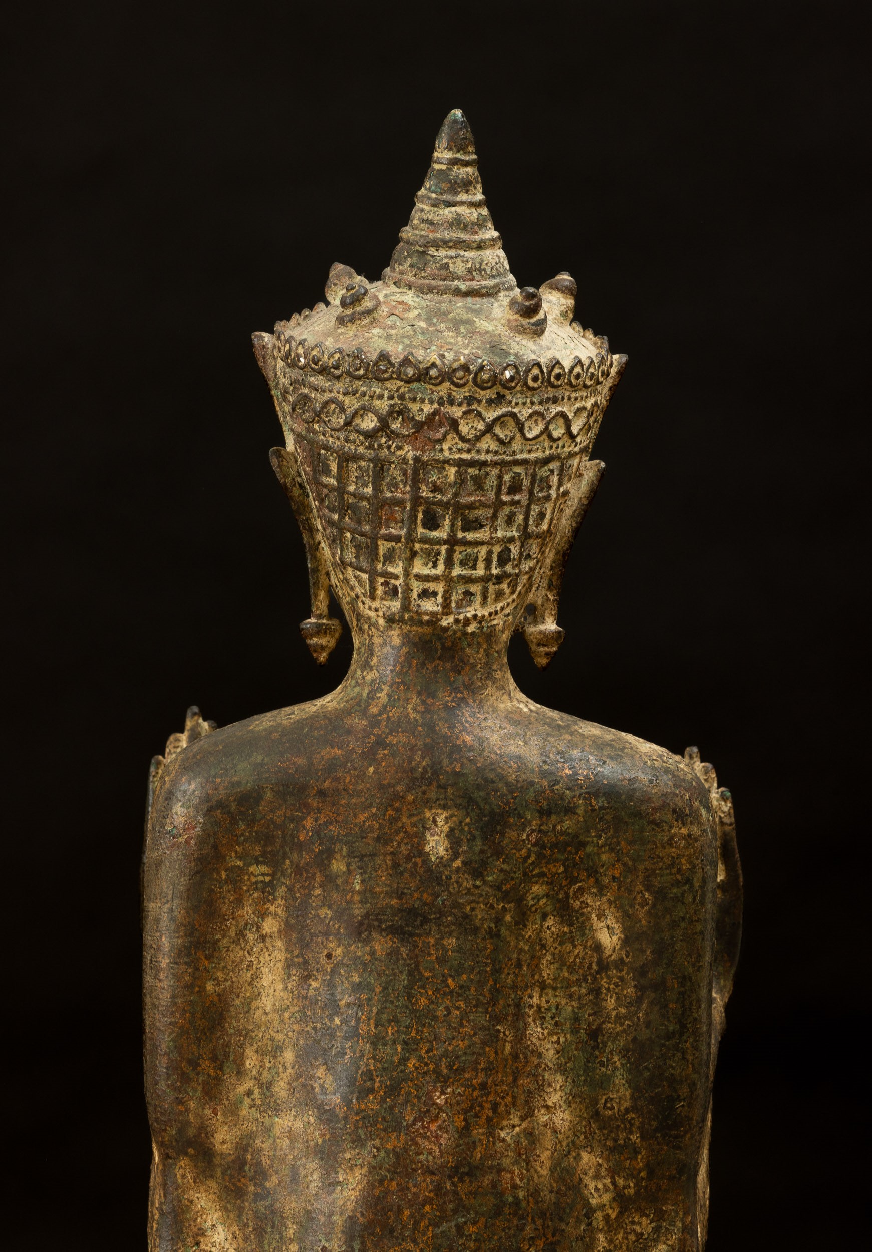 Figura di Buddha Stante in Bronzo con Tracce di Doratura, Thailandia, XIX Secolo, Periodo Ayuttha...