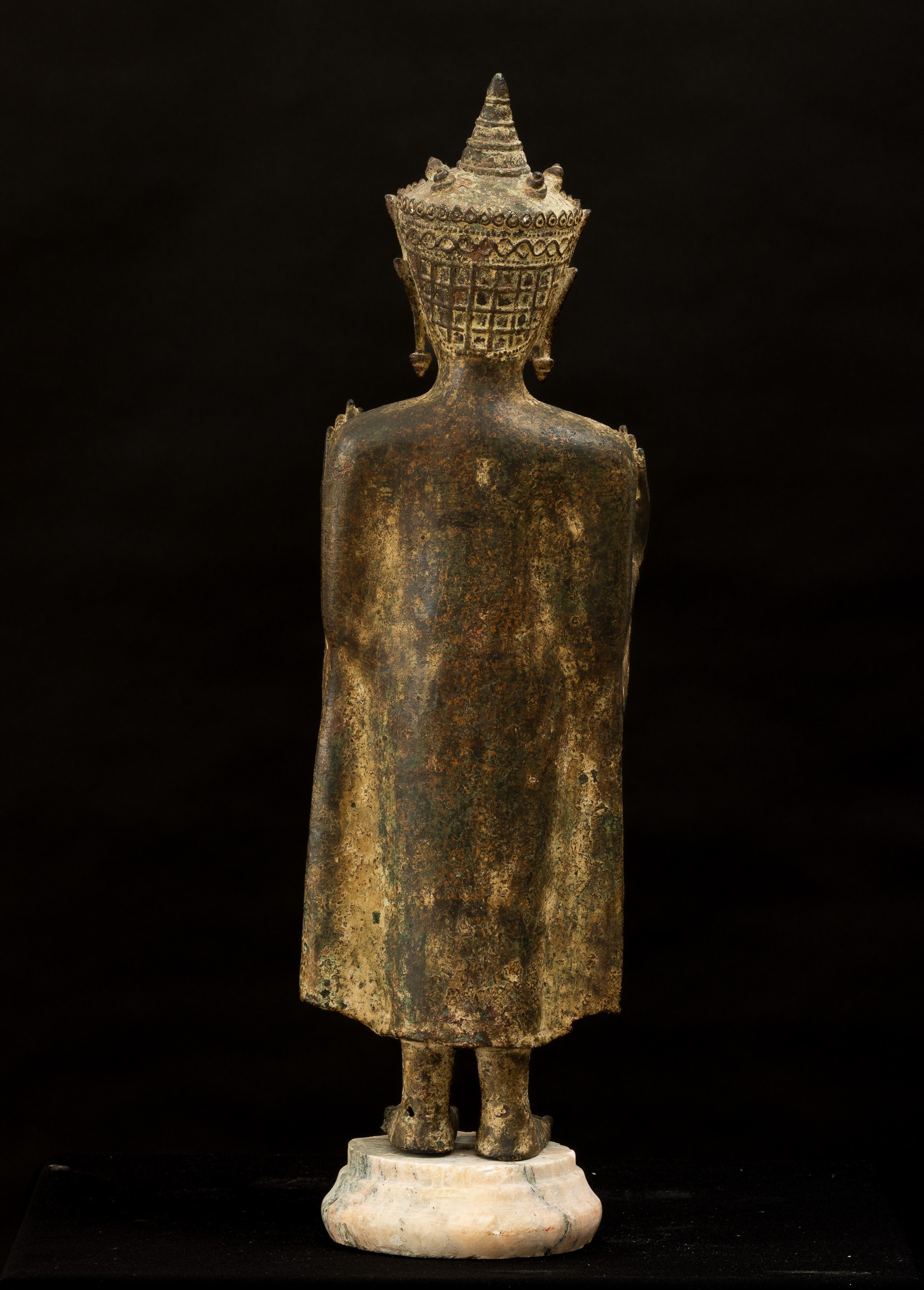 Figura di Buddha Stante in Bronzo con Tracce di Doratura, Thailandia, XIX Secolo, Periodo Ayuttha...