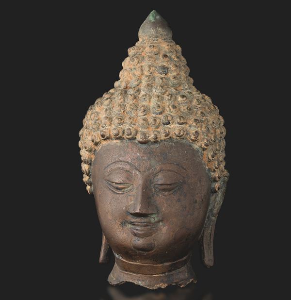 Testa di buddha in bronzo, Thailandia, XIX secolo, Regno di Rattanakosin/del Siam (1782-1932)