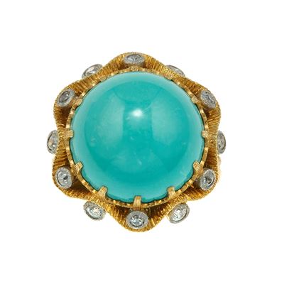 Buccellati, Anello con turchese e diamanti in oro giallo 750/1000