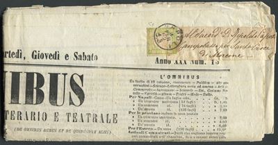 1862, Province Napoletane, Giornale “L’omnibus” Completo Affrancato con 1/2 Tornese Verde Giallo ...