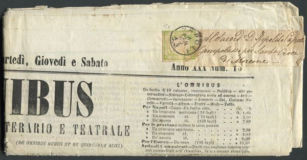 1862, Province Napoletane, Giornale “L’Omnibus” completo affrancato con 1/2 tornese verde giallo chiaro con stampa poco inchiostrata.