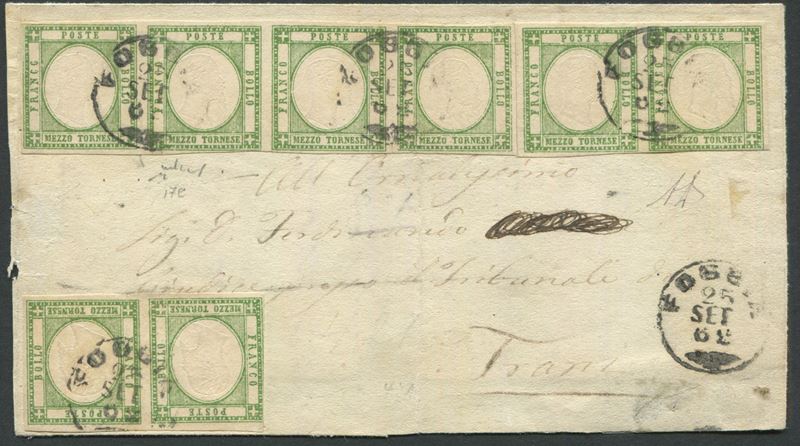 1862, Province Napoletane, gran parte di lettera da Foggia per Trani affrancata con striscia di quattro e due coppie del 1/2 tornese verde giallo (17e).  - Auction Postal History and Philately - Cambi Casa d'Aste