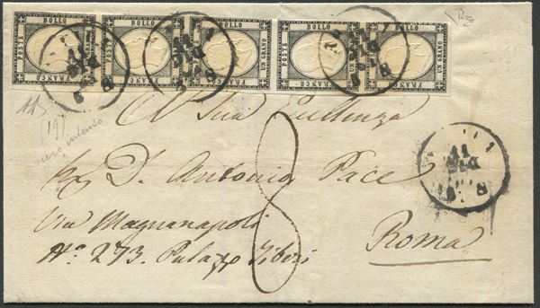 1861, Province Napoletane, Lettera dall’Aquila per Roma affrancata con striscia verticale di 5 esemplari dell’1 grano nero intenso (19c).