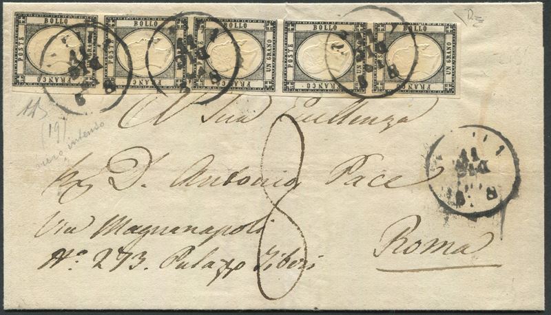 1861, Province Napoletane, Lettera dall’Aquila per Roma affrancata con striscia verticale di 5 esemplari dell’1 grano nero intenso (19c).  - Auction Postal History and Philately - Cambi Casa d'Aste