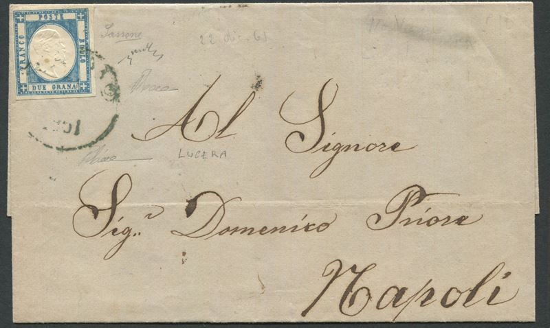 1861, Province Napoletane, Lettera diretta a Napoli affrancata con 2 grana azzurro oltremare vivo (20ea)  - Auction Postal History and Philately - Cambi Casa d'Aste