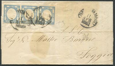 1861, Province Napoletane, Lettera da Napoli per Foggia del Affrancata con Striscia di Tre del 2 ...