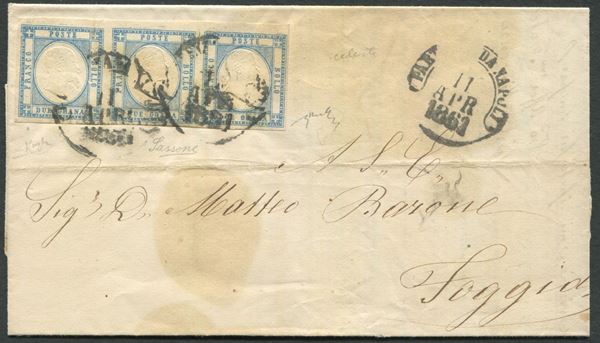 1861, Province Napoletane, Lettera da Napoli per Foggia del affrancata con striscia di tre del 2 grana azzurro chiaro (20)