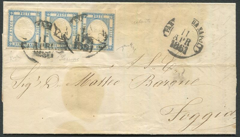1861, Province Napoletane, Lettera da Napoli per Foggia del affrancata con striscia di tre del 2 grana azzurro chiaro (20)  - Auction Postal History and Philately - Cambi Casa d'Aste