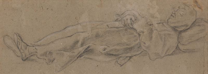 Ferra&#249; Fenzoni : Studio per figura giacente  - matita nera e matita bianca su carta - Asta Disegni Antichi - I - Cambi Casa d'Aste