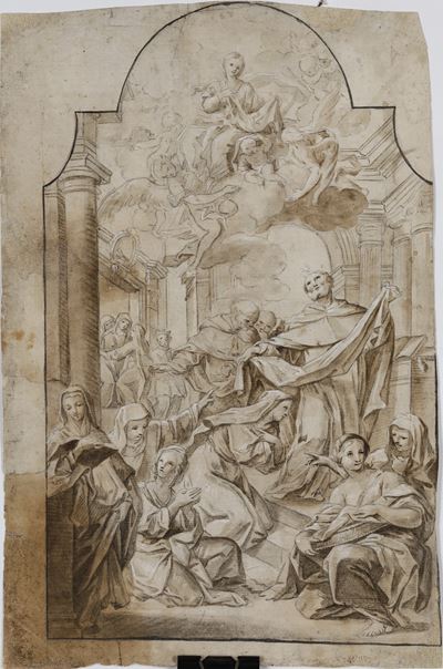Apparizione della Vergine a San Domenico di Guzman, matita, inchiostro, acquerello su carta