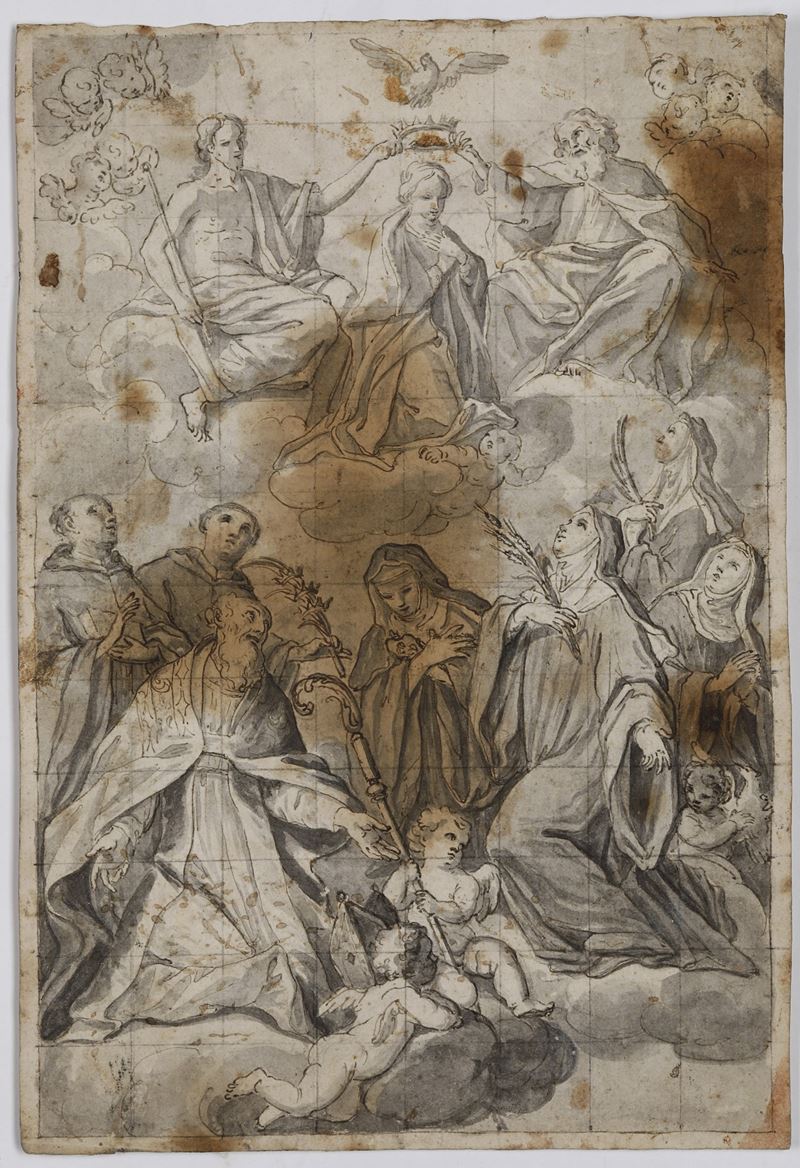 Scuola del XVII secolo Incoronazione della Vergine con santi  - penna, inchiostro e acquerello grigio su carta - Asta Dipinti Antichi - Cambi Casa d'Aste