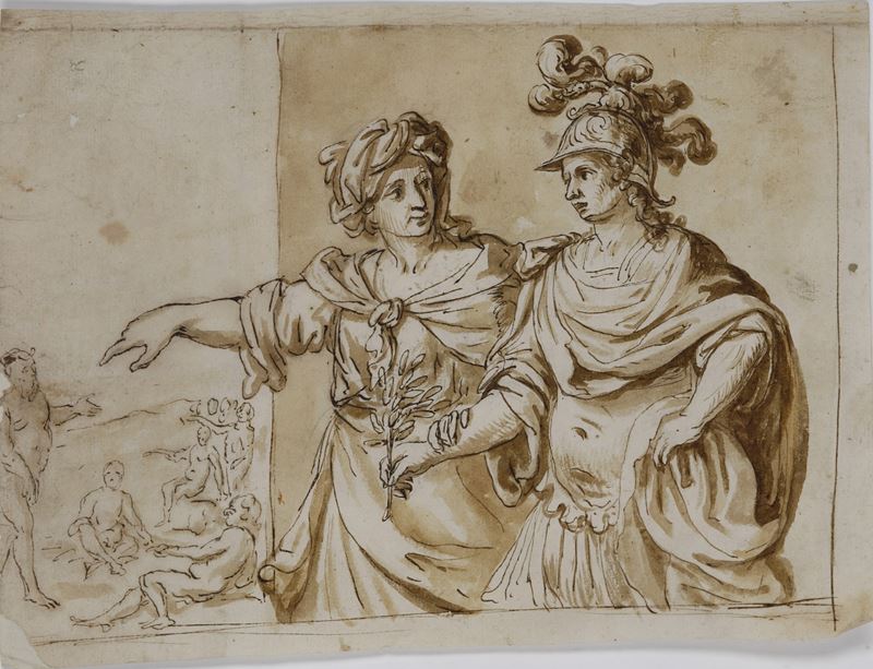 Domenico Fiasella detto il Sarzana : Allegoria della Pace  - penna, inchiostro bruno e acquerello su carta - Asta Disegni Antichi - I - Cambi Casa d'Aste