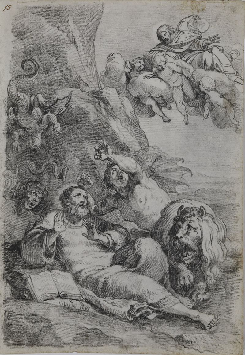 Jean-Honoré Fragonard : Tentazioni di Sant'Antonio (da Annibale Carracci)  - matita nera su carta - Asta Disegni Antichi - I - Cambi Casa d'Aste