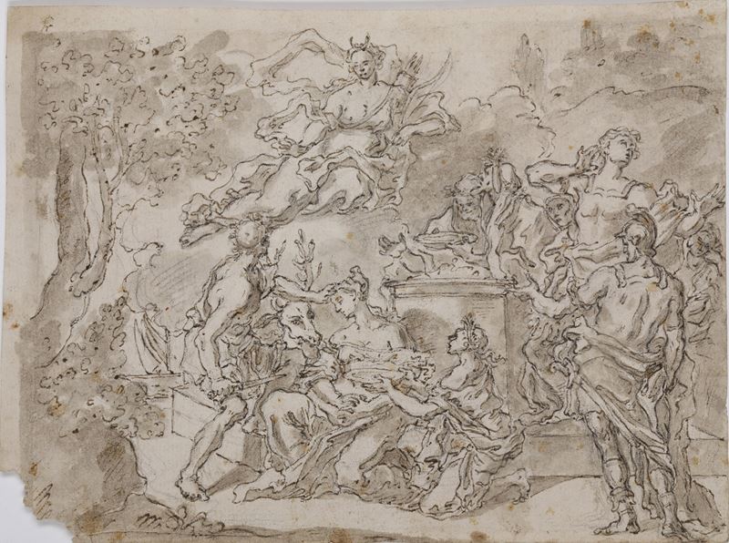 Francesco De Mura : Il sacrificio di Ifigenia  - matita nera, penna, inchiostro bruno e acquerello su carta - Asta Disegni Antichi - I - Cambi Casa d'Aste