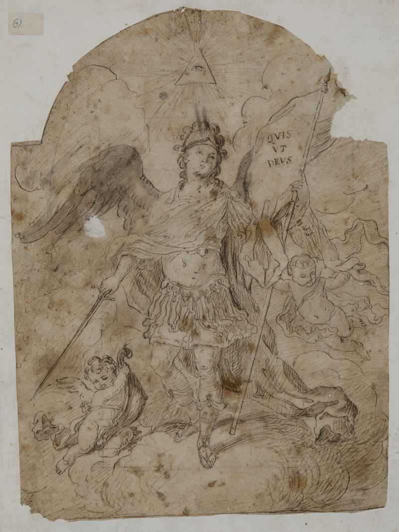 Scuola del XVII secolo Arcangelo Michele  - penna e inchiostro su carta - Asta Dipinti Antichi - Cambi Casa d'Aste