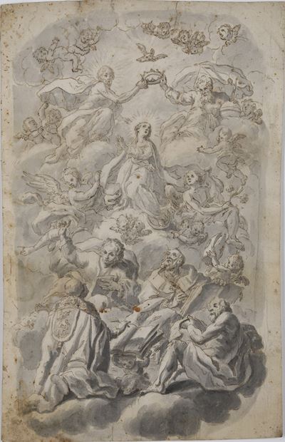 Incoronazione della Vergine, penna, inchiostro bruno e acquerello grigio su carta