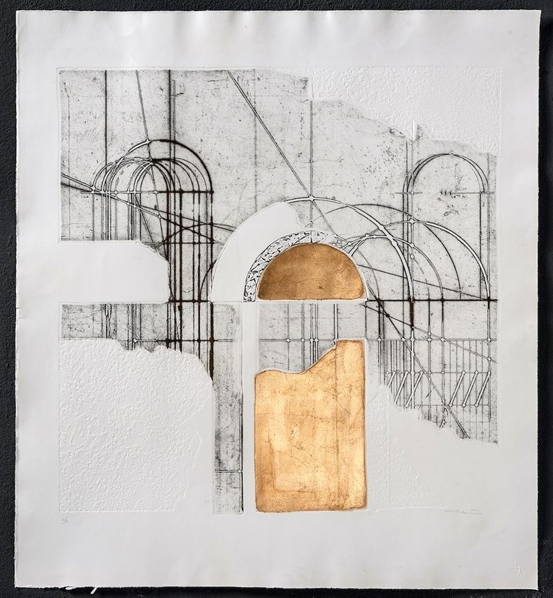 Walter Valentini : La porta d'oro  (1986)  - acquaforte con intervento manuale a foglio d'oro - Auction Art M&C - Summer Prints - Cambi Casa d'Aste