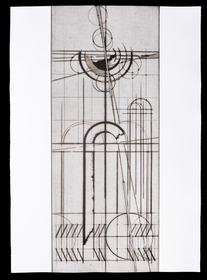 Walter Valentini : Progetto per la città ideale  (1991)  - puntasecca con retouche con foglia d'argento - Auction Walter Valentini - Cambi Casa d'Aste