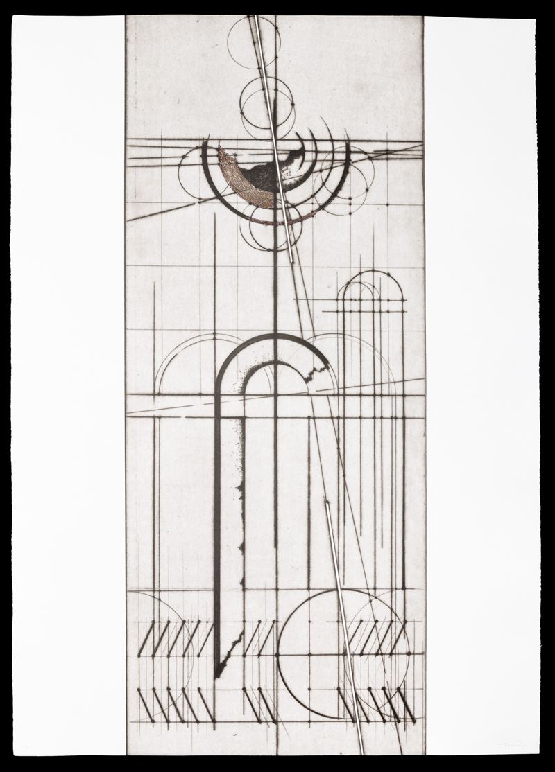 Walter Valentini : Progetto per la città ideale  (1991)  - puntasecca con retouche con foglia d'argento - Auction Walter Valentini - Cambi Casa d'Aste