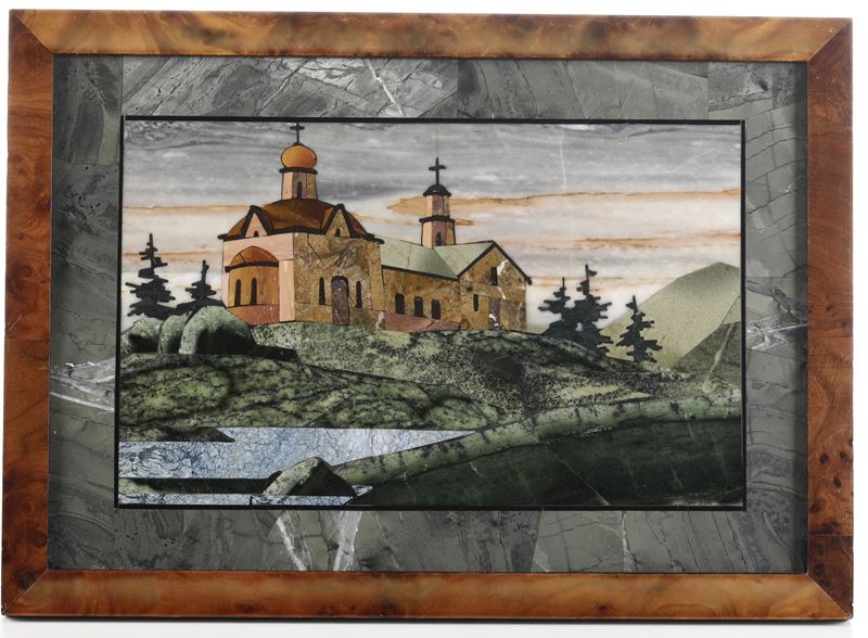 Paesaggio con chiesa intarsiato in pietre dure. XX secolo  - Auction Antiques - Cambi Casa d'Aste