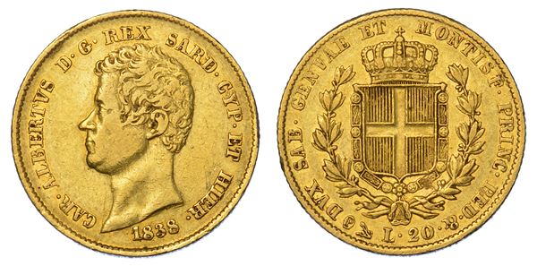 REGNO DI SARDEGNA. CARLO ALBERTO DI SAVOIA, 1831-1849. 20 Lire 1838. Genova.