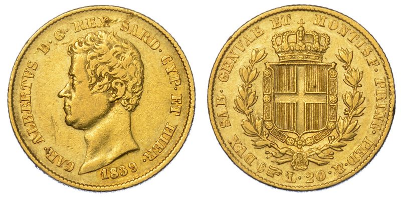 REGNO DI SARDEGNA. CARLO ALBERTO DI SAVOIA, 1831-1849. 20 Lire 1839. Torino.  - Auction Numismatics - Cambi Casa d'Aste