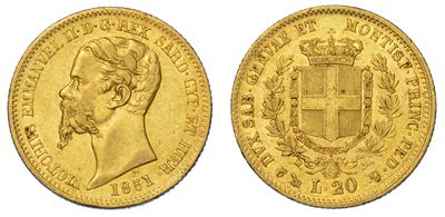 Regno di Sardegna. Vittorio Emanuele II di Savoia, 1849-1861. 20 Lire 1851. Genova.