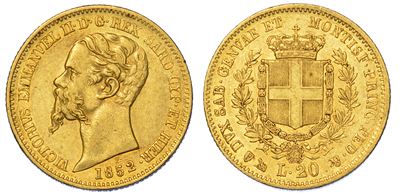 Regno di Sardegna. Vittorio Emanuele II di Savoia, 1849-1861. 20 Lire 1852. Genova.
