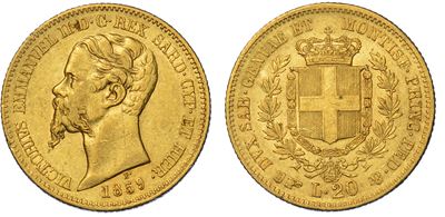 Regno di Sardegna. Vittorio Emanuele II di Savoia, 1849-1861. 20 Lire 1859. Torino.