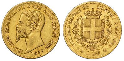 Regno di Sardegna. Vittorio Emanuele II di Savoia, 1849-1861. 20 Lire 1859. Genova.