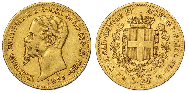 REGNO DI SARDEGNA. VITTORIO EMANUELE II DI SAVOIA, 1849-1861. 20 Lire 1859. Genova.