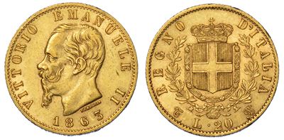 Regno D'italia. Vittorio Emanuele II di Savoia, 1861-1878. 20 Lire 1863. Torino.