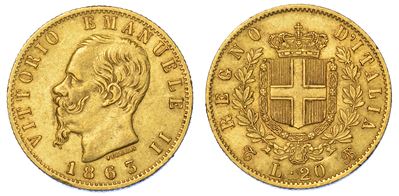 Regno D'italia. Vittorio Emanuele II di Savoia, 1861-1878. 20 Lire 1863. Torino.