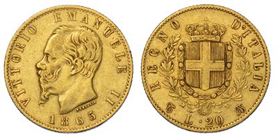 Regno D'italia. Vittorio Emanuele II di Savoia, 1861-1878. 20 Lire 1865. Torino.