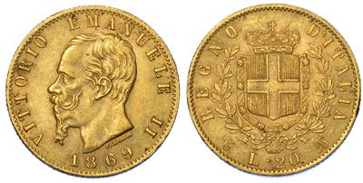 Regno D'italia. Vittorio Emanuele II di Savoia, 1861-1878. 20 Lire 1869. Torino.