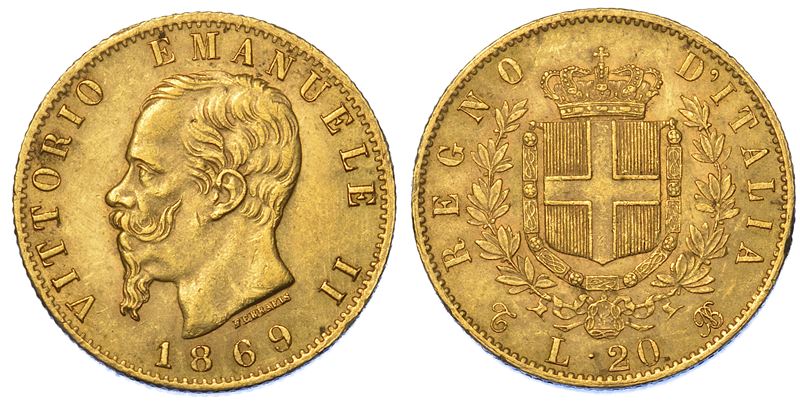 REGNO D'ITALIA. VITTORIO EMANUELE II DI SAVOIA, 1861-1878. 20 Lire 1869. Torino.  - Auction Numismatics - Cambi Casa d'Aste