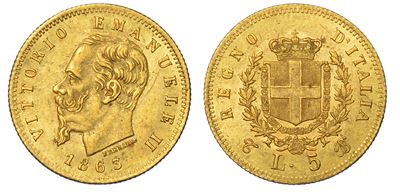 Regno D'italia. Vittorio Emanuele II di Savoia, 1861-1878. 5 Lire 1863. Torino.