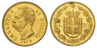 Regno D'italia. Umberto i di Savoia, 1878-1900. 20 Lire 1882.