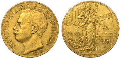 Regno D'italia. Vittorio Emanuele III di Savoia, 1900-1946. 50 Lire 1911. Cinquantenario.