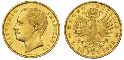 Regno D'italia. Vittorio Emanuele III di Savoia, 1900-1946. 20 Lire 1905. Aquila.