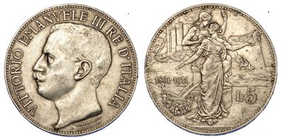 Regno D'italia. Vittorio Emanuele III di Savoia, 1900-1946. 5 Lire 1911. Cinquantenario.