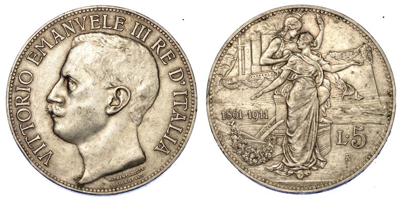 REGNO D'ITALIA. VITTORIO EMANUELE III DI SAVOIA, 1900-1946. 5 Lire 1911. Cinquantenario.  - Auction Numismatics - Cambi Casa d'Aste