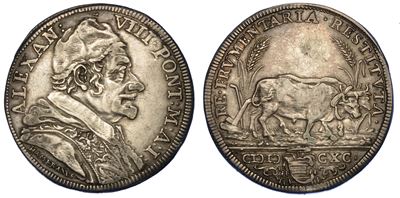 Stato Pontificio. Alessandro VIII, 1689-1691. Testone 1690/a. I.