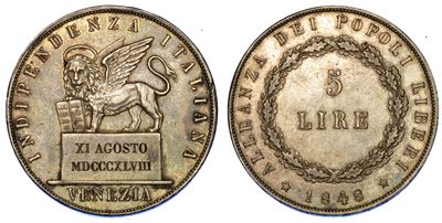 Venezia. Governo Provvisorio di Venezia, 1848-1849. 5 Lire 1848 (II Tipo).