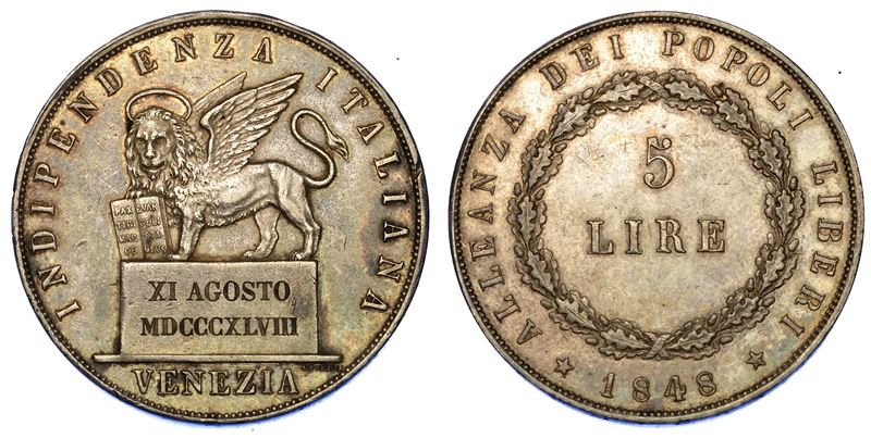 VENEZIA. GOVERNO PROVVISORIO DI VENEZIA, 1848-1849. 5 Lire 1848 (II tipo).  - Auction Numismatics - Cambi Casa d'Aste